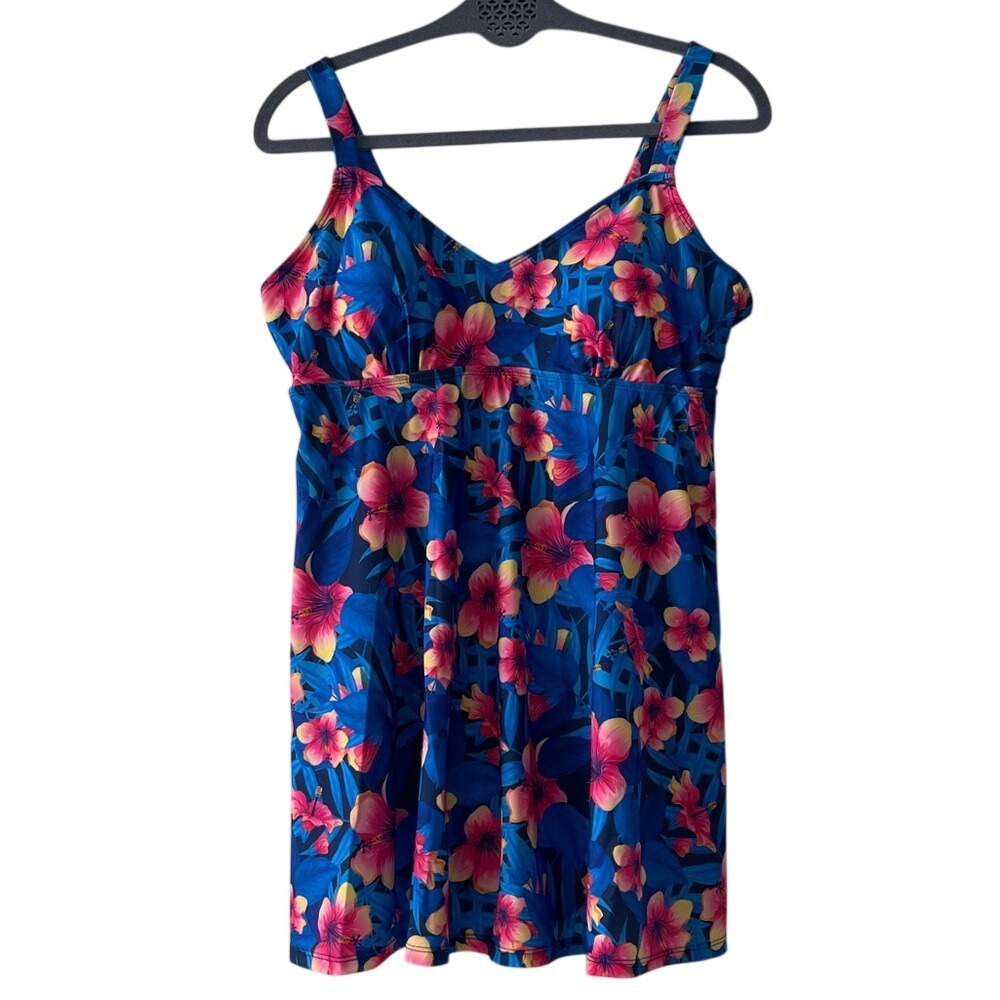 Women's Blue Floral One-Piece Swimdress - Vibrant Pink Hibiscus Print